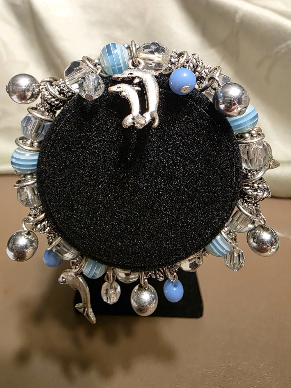 #21 Silver Dolphin Charm Bracelet with Sky Blue Beads